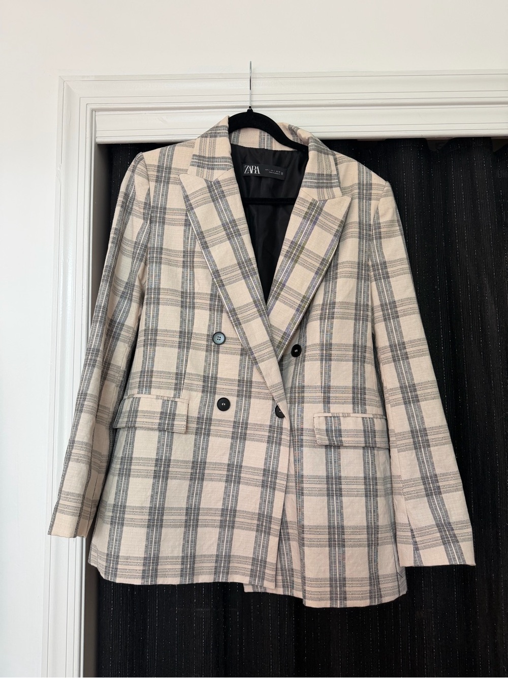 Zara Cream and Gray Plaid Double-Breasted Blazer Jacket